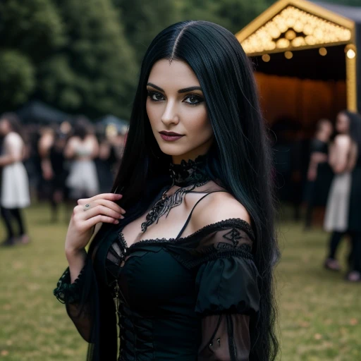 1 woman, European face, European eyes, pretty face, 30 years old, age 30, black long hair, black, green eyes, gothic style, wearing a long black dress, ultra detailed face, hyperrealistic, realistic representation, full body view, gothic style, dancing at a gothic festival