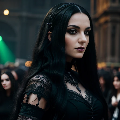 1 woman, European face, European eyes, pretty face, 30 years old, age 30, black long hair, black, green eyes, gothic style, wearing a long black dress, ultra detailed face, hyperrealistic, realistic representation, full body view, gothic style, dancing at a gothic festival