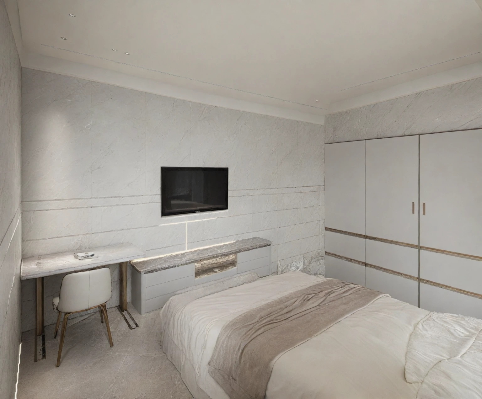 Raw photo,Masterpiece, high quality, best quality, authentic, super detail,
indoors, interior , (( BEDROOM :1.3)), modern style, daylight, (WHITE WALL),luxury, marble tile floor