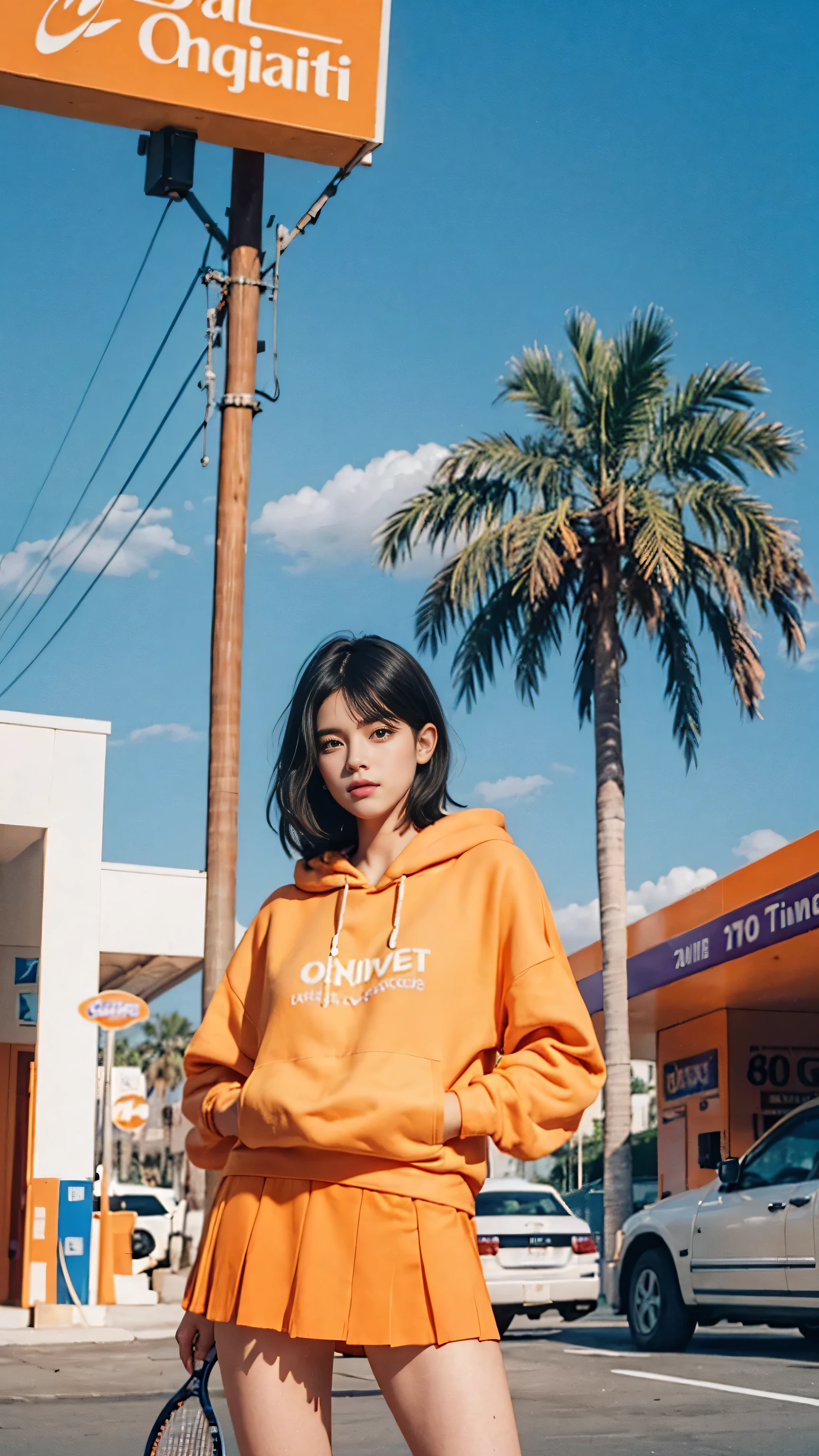 portrait of a 23 yo girl, (perfect natural breast) ,wear (((color orange oversized hoodie))), wear ((purple tennis skirt)),looking front,Best Quality,Masterpiece,Ultra High Resolution,(Realisticity:1.4),Original Photo, 1Girl, light leak,ultra high resolution,UHD,beautiful, (black bob hair), almond eye, no makeup, in front of ((80's gas station)), (realistic:1.2), (surreal:1.3), (very detailed:1.1), ((masterpiece)),summer, blue sky, palm trees,sunny, los angles vibes,film camera, 800mm lens,style of Philip Lorca diCorcia