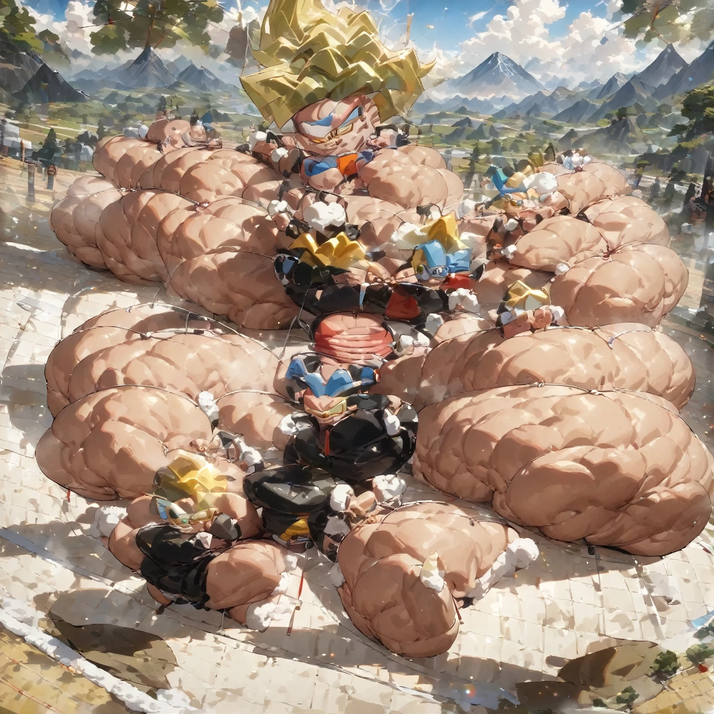 1boy, Vegeta, from Dragon Ball Z, saiyan, (yellow hair:2), spiked hair, green eyes, (blue skintight pants:1.5), white gloves, white boots with brown tips, good posture, shirtless, nipples, abs, sumo squat, powering up stance, (huge muscles:3), huge pectorals, yellow aura, electricity, (dragonballartstyle:1.5), (in the style of Akira Toriyama:1.5), white tiled floor, outdoors, flat-top mountains, Extreme Wide Shot, masterpiece, best quality, very aesthetic, absurdres, day light, (sumo squat:1.5), (make character backtrap 6 meters:2)