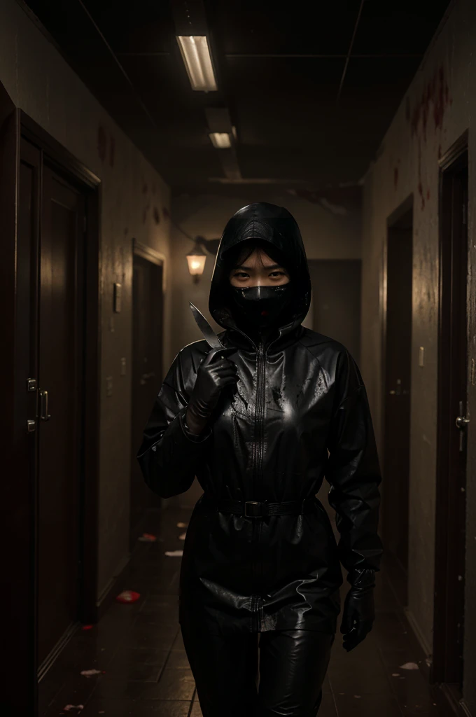 korean girl, (behind corpse, surgical mask), multiple girls, holding knife, stabbing, black raincoat, leather gloves, hood up, room full of blood, black wet suit, holding knife, leather gloves, behind corpse, blood splatter, short hair, night, mass murderer, robbery, in the house, dark atmosphere, cinematic lighting, atmospheric realistic,