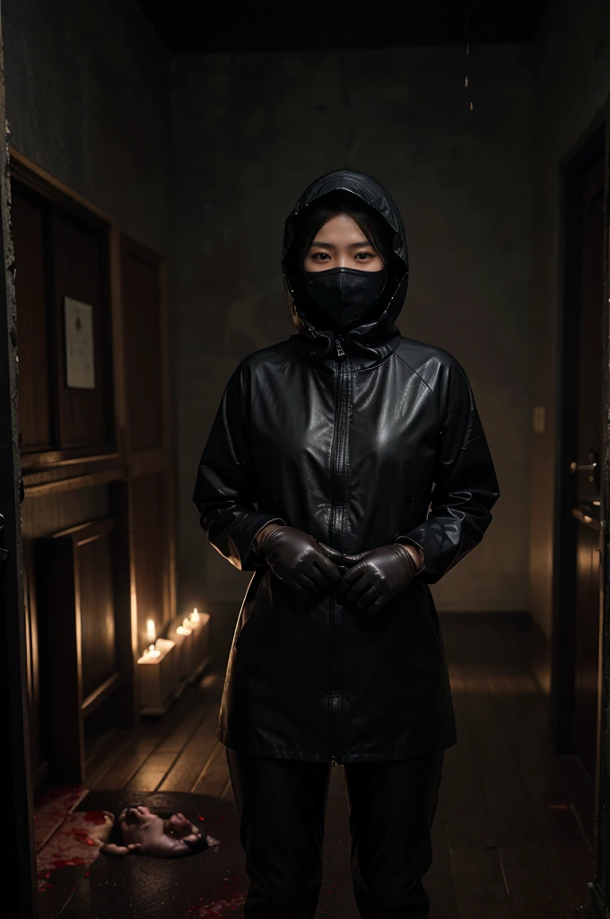 korean girl, (behind corpse, surgical mask), multiple girls, holding knife, stabbing, black raincoat, leather gloves, hood up, room full of blood, black wet suit, holding knife, leather gloves, behind corpse, blood splatter, short hair, night, mass murderer, robbery, in the house, dark atmosphere, cinematic lighting, atmospheric realistic,