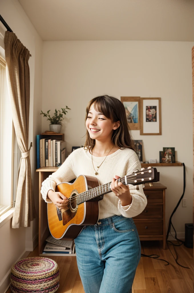 "Create an image of a cute girl playing guitar, with a joyful expression, in a cozy room filled with warm light and musical decor."