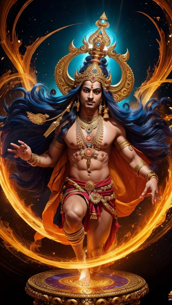 A dancing Nataraj Devta figure,detailed Hindu deity,levitating in the sky,dramatic pose,intricate ornaments and jewellery,flowing robes,dynamic composition,dramatic lighting,glowing energy aura,cinematic angle,ultrarealistic,8k, hyper detailed, award winning art, vibrant colors, masterpiece