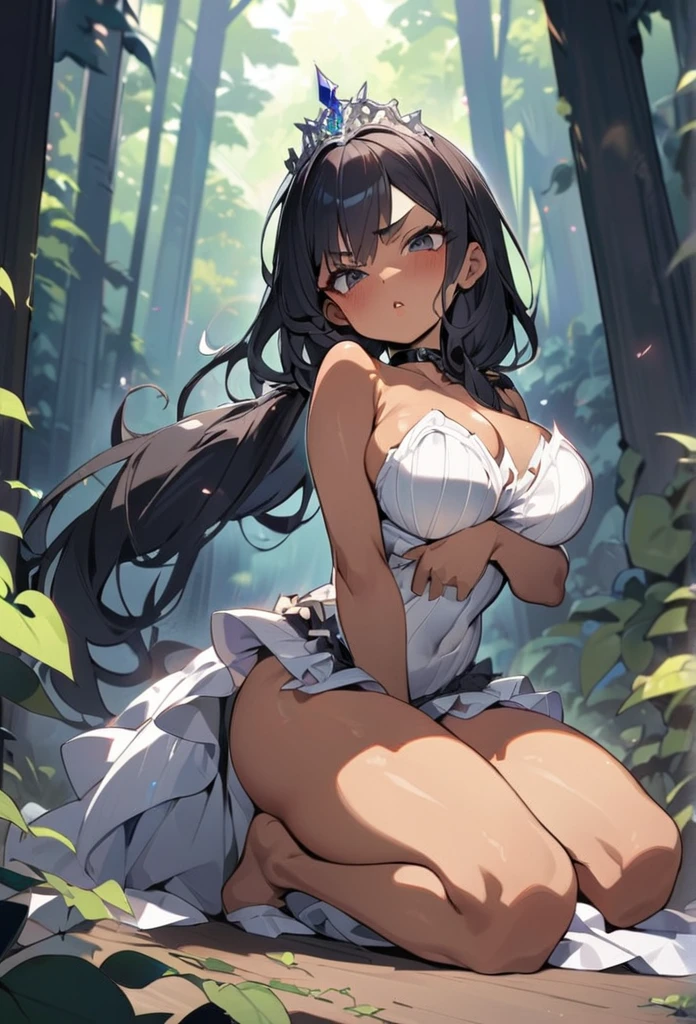 (anime style),masterpiece, best quality, extremely detailed,10Years old,tanned skin,dark skin, Beautiful body,Large breasts,BREAK,multicolored colorful black hair,shaggy hair,long hair,long ponytails hair,BREAK,black eyes,black choker,dignified face,disgust,sensual face,glare at,open mouth,detailed lips,,BREAK,with vertical stripes sweater,tiara,ripped Princess bridal gown,micro skirt,break,head tilt,in the woods Night,hands on breasts,up half knee,ivy clinging to the body,arching back,shackles and cords