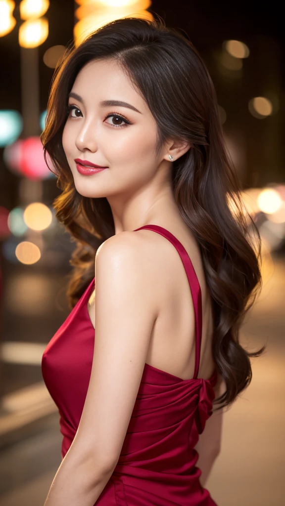 highest quality, 8k resolution, masterpiece, Professional photography, A 40-year-old beauty with an idol-like face, Walk through the downtown area at night, (Elegant and stylish crimson top), Close-up of face, ((Look forward)), (((View your viewers))), smile, Wrinkles around the eyes, Standing Elegantly, Plump and soft body, Elegant and beautiful very long wavy hair, Shapely breasts, Perfect Makeup, Beautiful lipstick, Elegant eyeshadow, Long eyelashes, Ultra-high resolution glossy skin