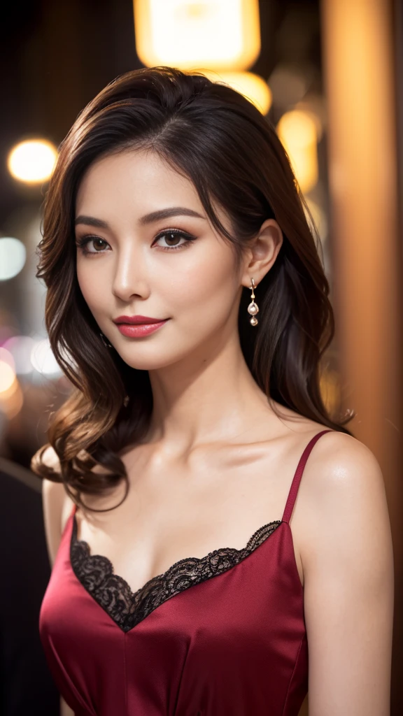 highest quality, 8k resolution, masterpiece, Professional photography, A 40-year-old beauty with an idol-like face, Walk through the downtown area at night, (Elegant and stylish crimson top), Close-up of face, ((Look forward)), (((View your viewers))), smile, Wrinkles around the eyes, Standing Elegantly, Plump and soft body, Elegant and beautiful very long wavy hair, Shapely breasts, Perfect Makeup, Beautiful lipstick, Elegant eyeshadow, Long eyelashes, Ultra-high resolution glossy skin