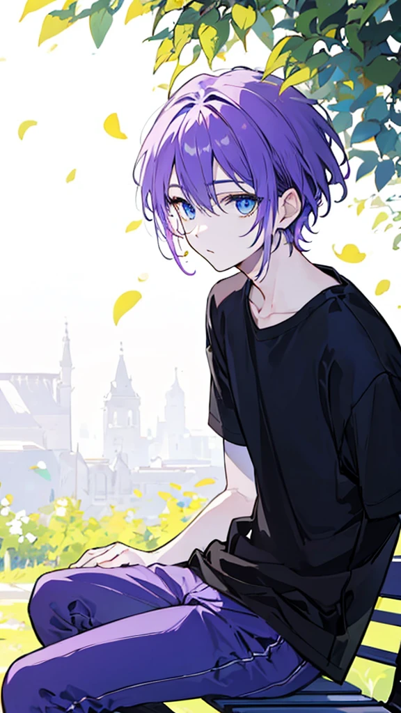 ((Highest quality)), ((masterpiece)), ((1 person)),Perfect Face、male、Purple hair color、Light blue eyes、Very short hair、vocal、pale colour、whole body、Black Shirt、Sit on a bench、Look to the side