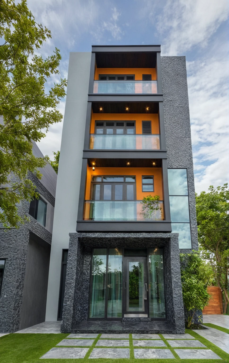 house exterior, modern style, colorful wall, dark granite wall, white ceiling, glass door, glass window, (actual: 1.2), Masterpiece, high quality, best quality, Realistic, super detailed, outdoor, road, sidewalk, grass, trees, sky, clouds, (daylight:1.1)