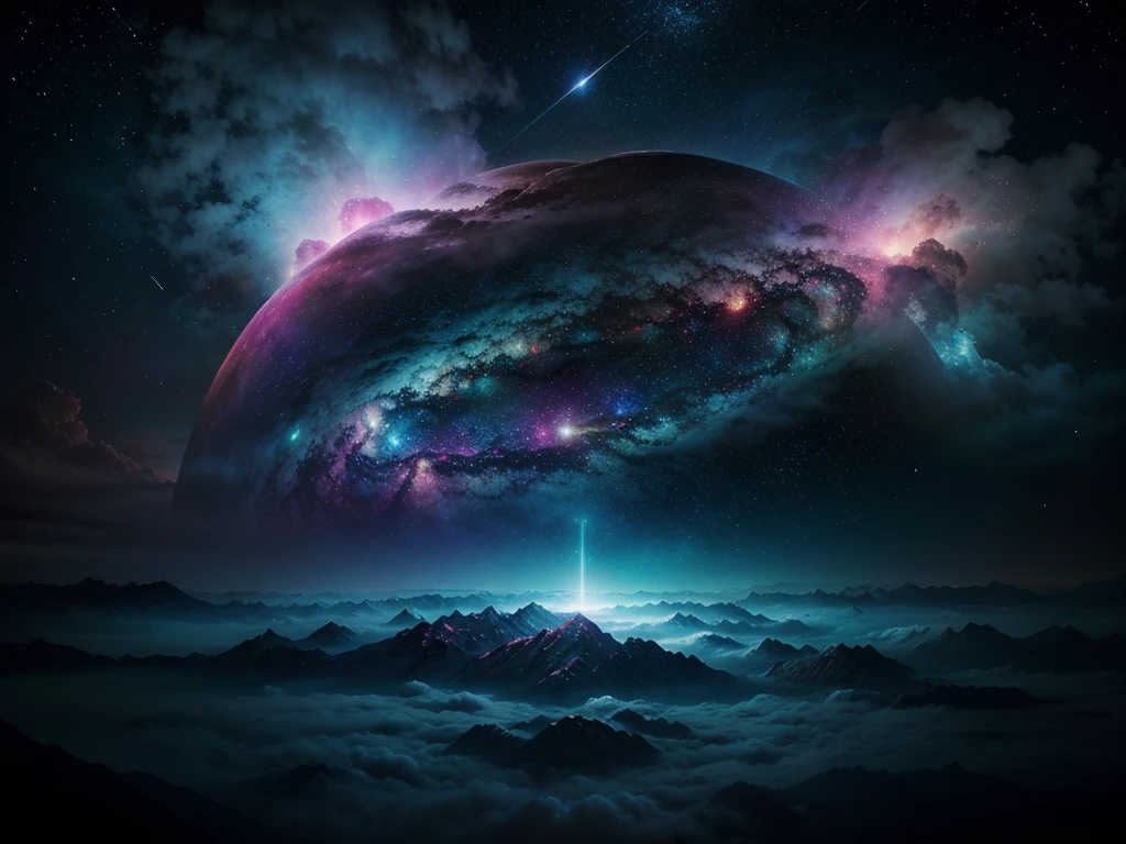 a surreal abstract landscape, nebula, cosmic background, glowing stars, galaxy, colorful swirling clouds, ethereal atmosphere, digital art, 8k, highly detailed, photorealistic, cinematic lighting, dramatic lighting, vibrant colors, otherworldly, mysterious, awe-inspiring