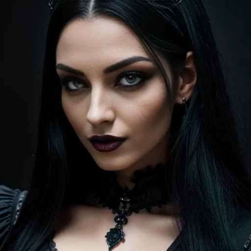 1 woman, European face, European eyes, pretty face, 30 years old, age 30, black long hair, black, green eyes, gothic style, wearing a long black dress, ultra detailed face, hyperrealistic, realistic representation, full body view, gothic style, dancing at a gothic festival