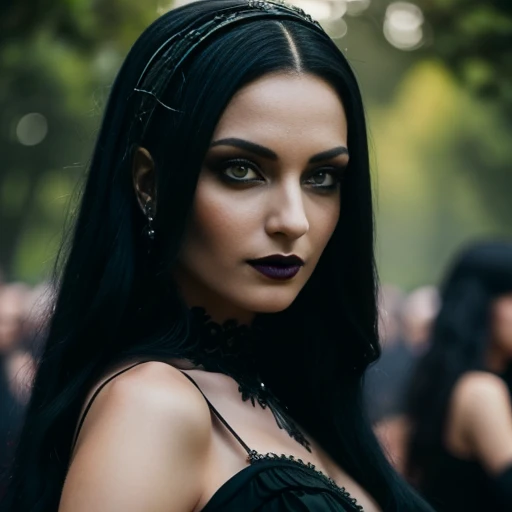 1 woman, European face, European eyes, pretty face, 30 years old, age 30, black long hair, black, green eyes, gothic style, wearing a long black dress, ultra detailed face, hyperrealistic, realistic representation, full body view, gothic style, dancing at a gothic festival