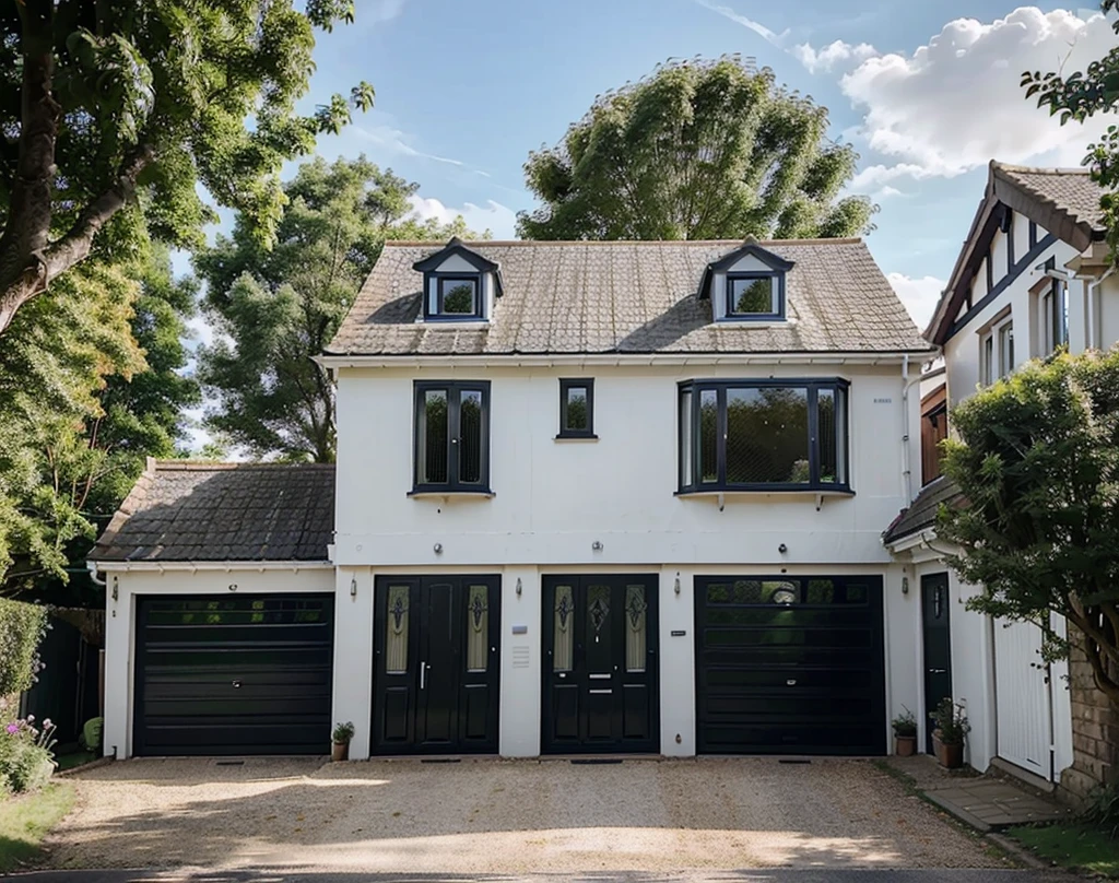 Draw a beautiful three bedroom house in small English town, with beautiful nature. House also has a garage at the right corner at the end of the driveway. Big window on the first floor. Medium size house. Single storey house.