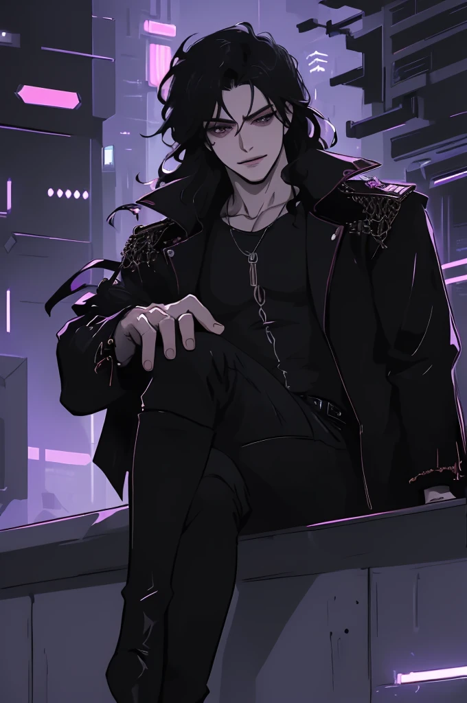 anime man in the night city, attractive man with сиреневые глаза while squinting, black hair, black loose shirt, Military boots, (((no decorations on clothes))), beautiful detailed eyes, lilac eyes eyes, squinting, shoulder-length curly hair, (Best quality,4K,8 k,A high resolution,masterpiece:1.2), ultra detailed, bright colors, dark lighting, Cinematic, A sly smile on his face, long hair, (((modern clothes))), cyberpunk clothes