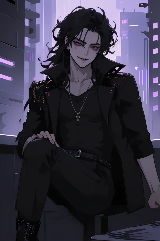 anime man in the night city, attractive man with сиреневые глаза while squinting, black hair, black loose shirt, Military boots, (((no decorations on clothes))), beautiful detailed eyes, lilac eyes eyes, squinting, shoulder-length curly hair, (Best quality,4K,8 k,A high resolution,masterpiece:1.2), ultra detailed, bright colors, dark lighting, Cinematic, A sly smile on his face, long hair, (((modern clothes))), cyberpunk clothes