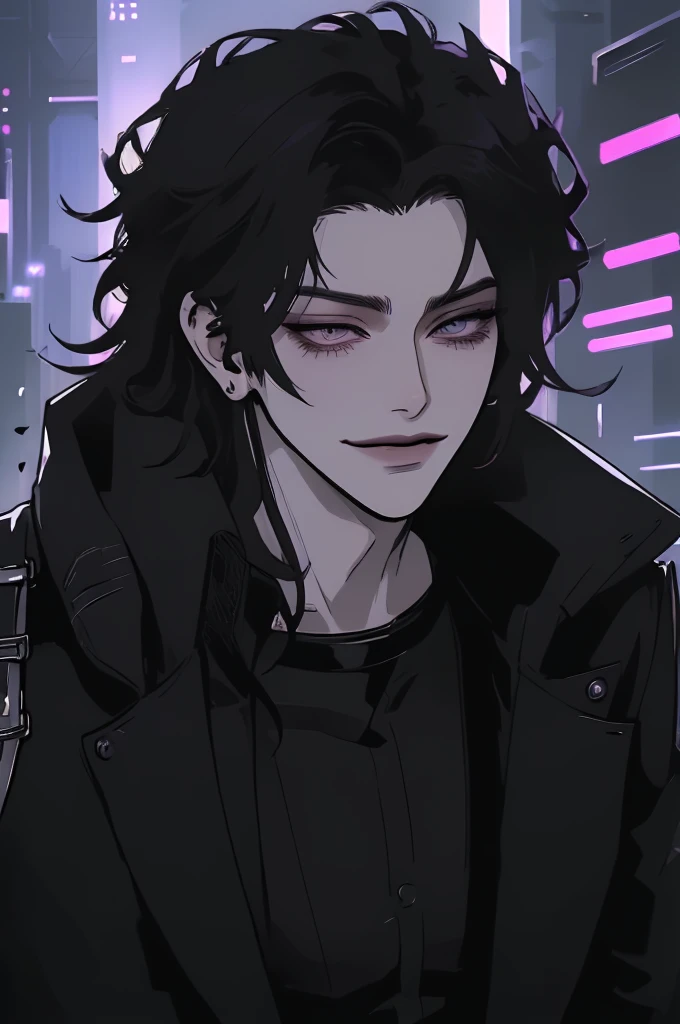 anime man in the night city, attractive man with сиреневые глаза while squinting, black hair, black loose shirt, Military boots, (((no decorations on clothes))), beautiful detailed eyes, lilac eyes eyes, squinting, shoulder-length curly hair, (Best quality,4K,8 k,A high resolution,masterpiece:1.2), ultra detailed, bright colors, dark lighting, Cinematic, A sly smile on his face, long hair, (((modern clothes))), cyberpunk clothes