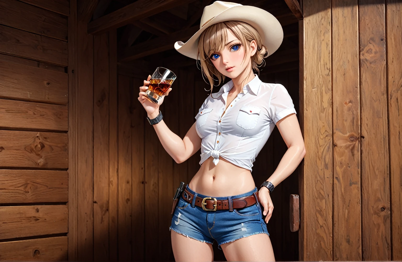 (((1 person:2.5))),(((NSFW:1.5))),(((Nude:2.0))),(((Naked Cowgirls:1.5))),(((Wear a gun belt with a holster on each side:1.8))),((Put the watch on your wrist:1.5))),(((Showing cleavage))),(((Exposed thin inner thighs))),(((Small breasts:1.5))),(((Bare arms))),(((Put on your boots:1.5))),((Blushed:1.8)), Beautiful detailed girl, Very detailed目と顔, 緻密でBeautiful Eyes, Very detailed, High resolution, Highest quality, masterpiece, Very detailed, 8k wallpaper, wonderful, finely, Highest quality,(Standing in front of a wooden wall),Beautiful Eyes,((Engage your audience:1.5)),((Full body shot:1.8))),((Front shot:1.2)),((Place your right hand on your chest:1.5)),((Drinking whiskey:1.4)),(((Drunk,Cry:1.5))),(((Are standing:1.2)))