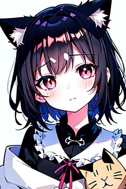 （eyeの焦点,face,close:0.5）,blush,（Expressionless:0.7）,One girl,Focus Only,前hair,Dutch Angle,~ side,Tilt your head,From above,whole body,black_hair,Cat ear（white）,Cat&#39;s Tail（white）,Frilled Chalk,Long skirt_dress,（Small Tits）,pink_eye,My Room,Heart Background
