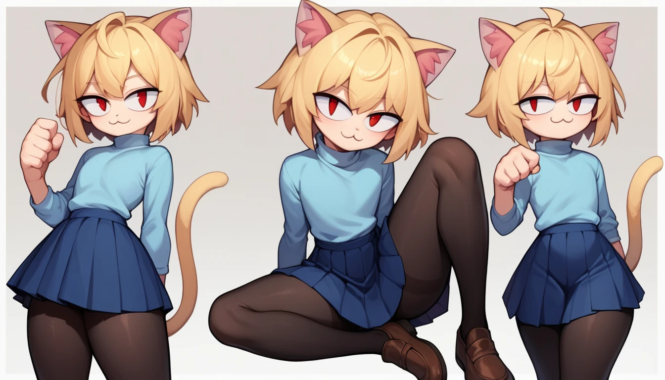 score_9, score_8_up, score_7_up, score_6_up, score_5_up, score_4_up, BREAK, 1boy, solo, necoarc, lit pupils, cat ears, blonde hair, red eyes, :3, turtleneck, blue skirt, pleated skirt, pantyhose, brown footwear, highlight thighs, thick thighs, seductive pose, (dynamic poses) 