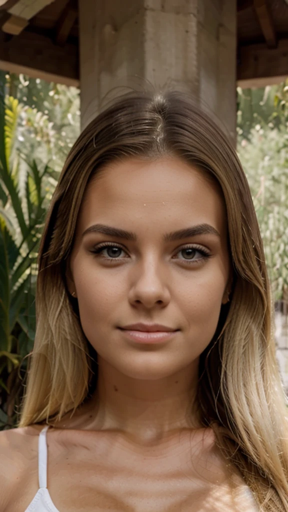 Create an ultra-realistic image, in the highest resolution possible, of a beautiful 20-year-old girl with blonde hair. The image must have extremely sharp skin details, making it look like a real photograph. The eyes should be perfect, with a natural shine; eyelashes detailed and well-defined; eyebrows symmetrical and well-shaped; lips perfectly shaped and of a natural tone; and a nose proportional and without imperfections. The facial features should be well-marked and defined.