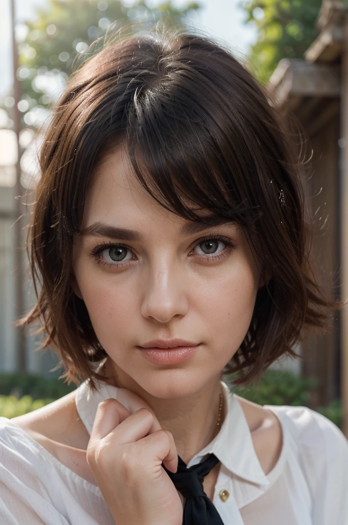 (masterpiece: 1.3), (8K, Realistic, RAW Photos, Highest quality: 1.4), (Woman in her 40s),Put your hand on your cheek, Shallow depth of field, Focus on the face, Soft Focus, Beautiful Face, (Backlight: 1.5), (Surroundings: 1.3), (Realistic Face), (Black Hair, Medium Short: 1.3), Gentle wavy hair, Hair blowing in the wind, Short bangs, Realistic eyes, Dark brown pupils, Pupil highlights, Beautiful details in the eyes, (Realistic Skin), Beautiful Skin, Pose with your hands on your face, (White collar blouse), No blue-gray background, Absurd, Charm, 超High resolution, Ultra-realistic, High resolution, Golden Ratio,Nasolabial folds