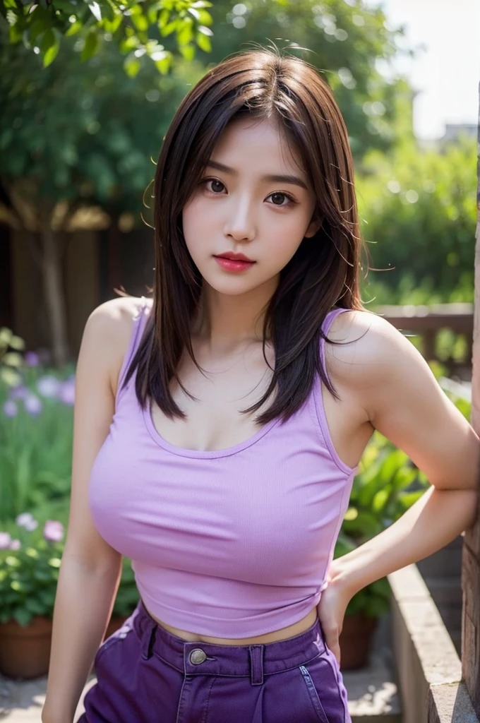 A very cute girl, solo, young, wearing purple tank top and short pants, big breasts, white and smooth skin, standing, long hairs, red lip, at garden, realistic face