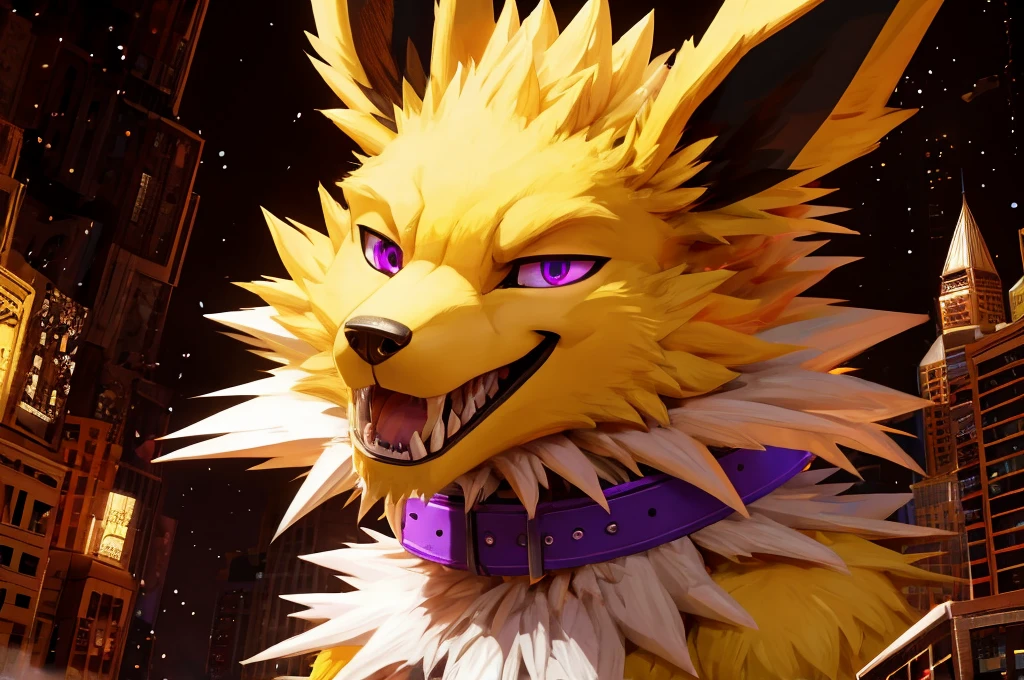 Macro Male Jolteon (pokemon), smug expression, big teeth, high contrast, 8k HD, detailed, hyper-detailed, vore, primary fur yellow, secondary fur white, purple eyes, purple collar, best quality, ultra high res