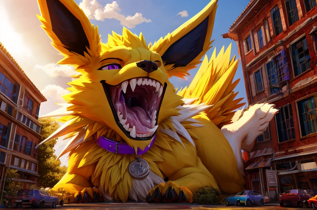 Macro Male Jolteon (pokemon), happy expression, high contrast, 8k HD, detailed, hyper-detailed, vore, primary fur yellow, secondary fur white, purple eyes, purple collar, best quality, ultra high res, micro eevee (pokemon), eevee in mouth of jolteon