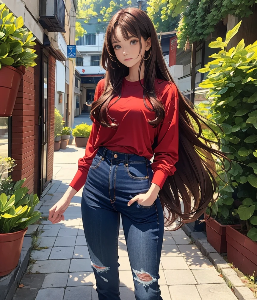 (ultra high detailed), high detailed, long hair, hair colour brown, woman, standing normal, red shirt and blue jeans pant, normal body,