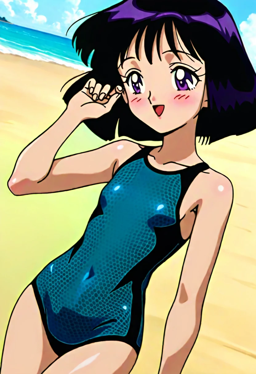masterpiece, best quality, very aesthetic, absurdres, Sailor Saturn XL, 1990s \(style\), beautiful detailed eyes, BREAK 1girl, solo, teen, short hair, black hair, purple eyes, flat chest, skinny, naked on swimsuit, pattern swimsuit, shiny clothing, BREAK looking away, smile, blush, open mouth, (model pose:1.2), outdoors, beach, wind, dutch angle,