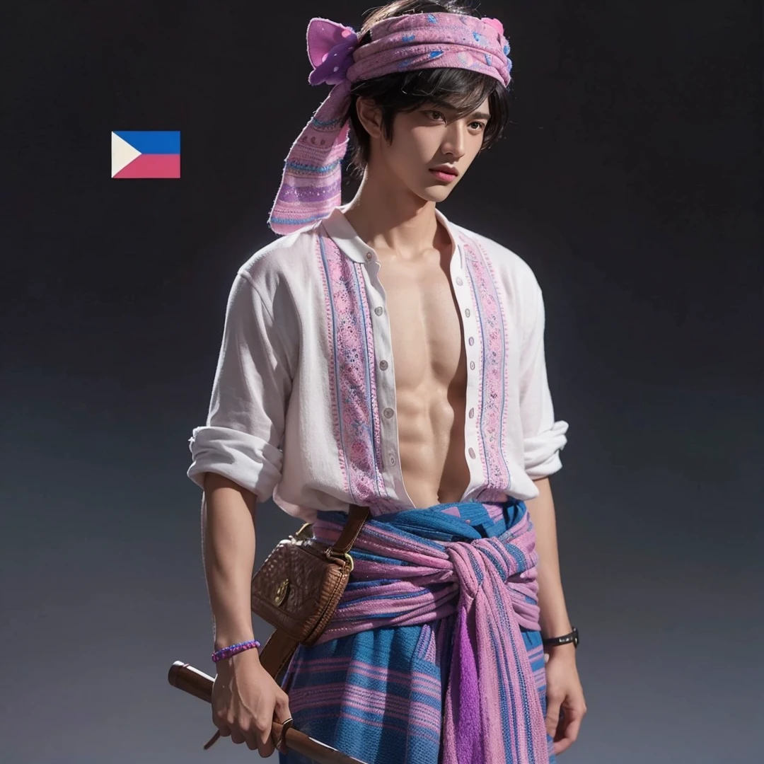 Handsome boy, black hair, brown eyes, blue and pink headdress, white pink and purple polo