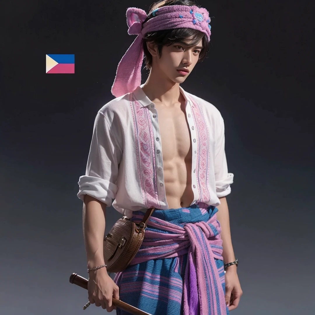 Handsome boy, black hair, brown eyes, blue and pink headdress, white pink and purple polo