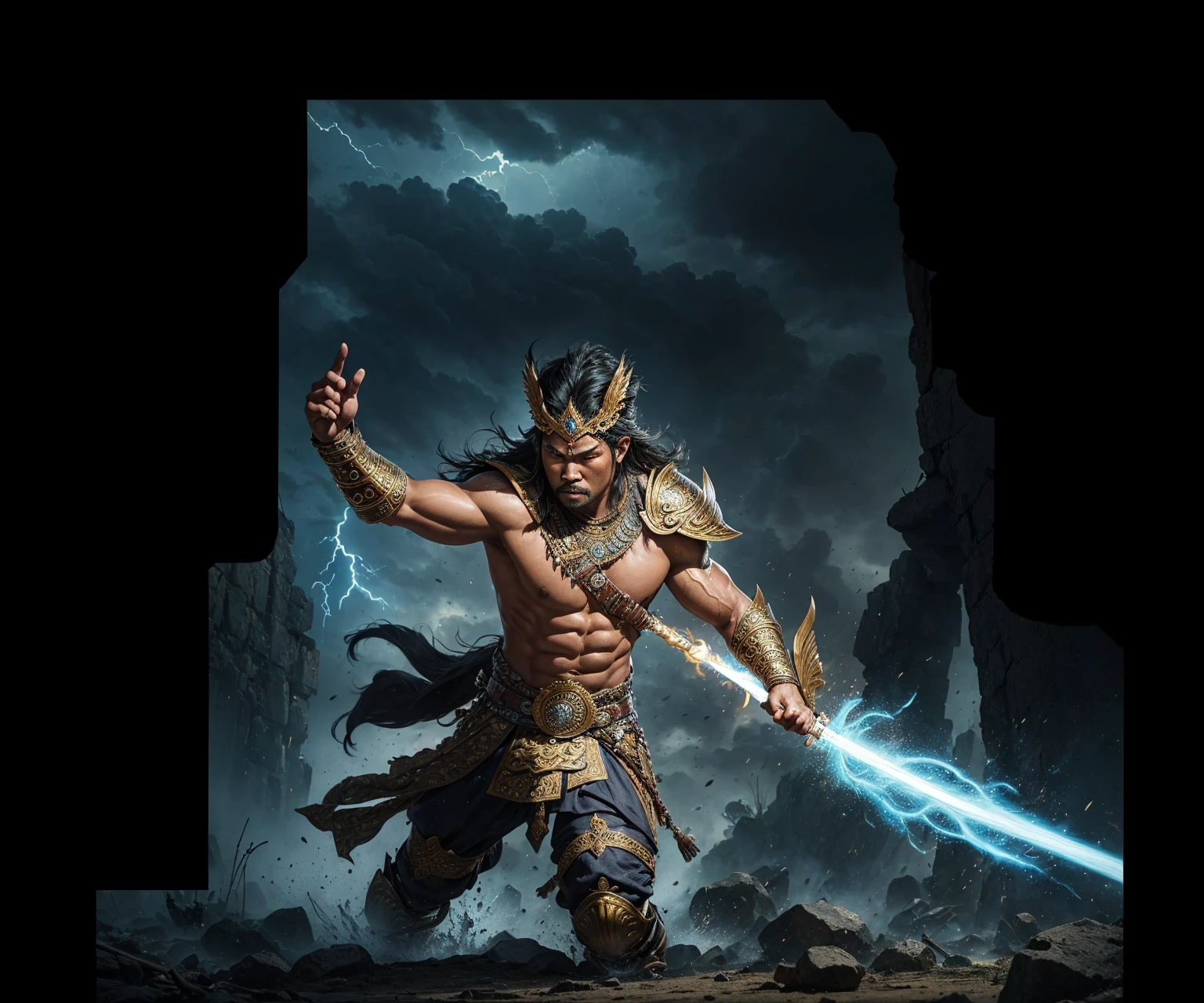 ((best quality)), ((masterpiece)), (detailed), create very detailed images of A powerful warrior in Javanese mythology, associated with thunder and lightning, and renowned for his strength and bravery. He is often depicted as a fierce warrior who defends people from danger, and his stories are full of epic battles and heroic feats.