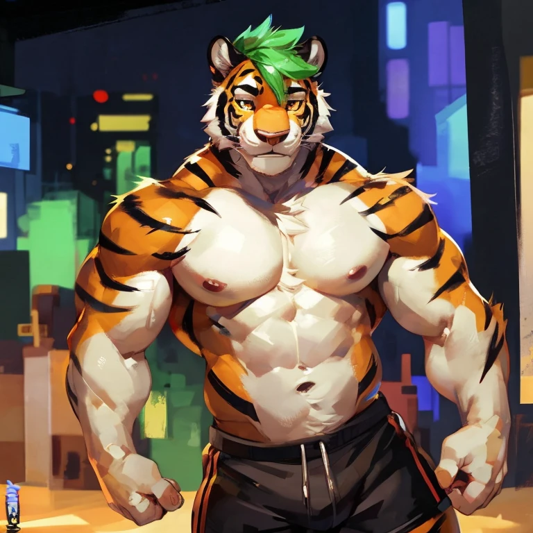 Medium muscular, black tiger, shirtless, in black shorts, Amber eyes, bluish-green hair, bluish-black fur, cream-white fur, By mystikfox61