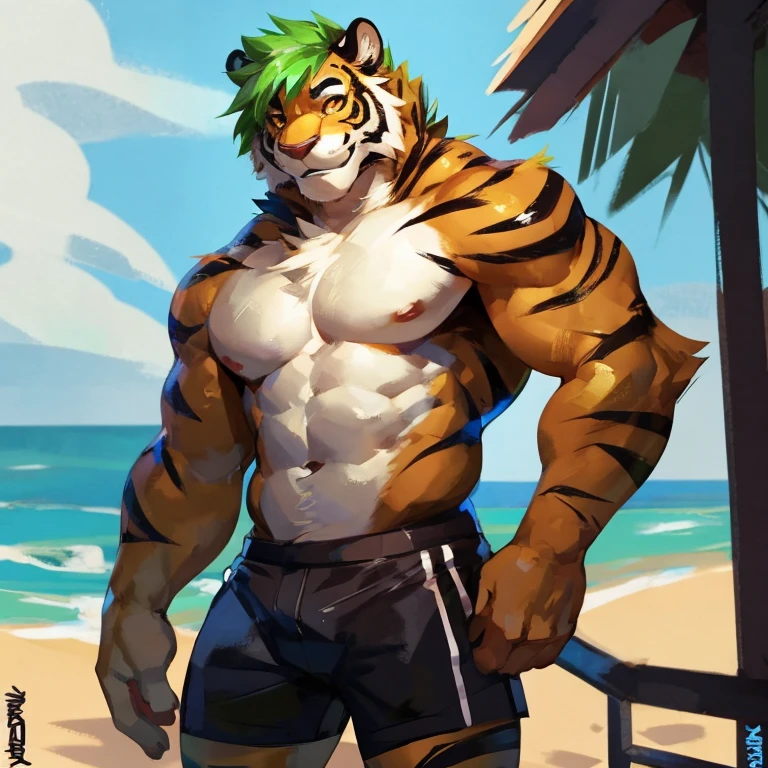 Medium muscular, black tiger, shirtless, in black shorts, Amber eyes, bluish-green hair, bluish-black fur, cream-white fur, By mystikfox61