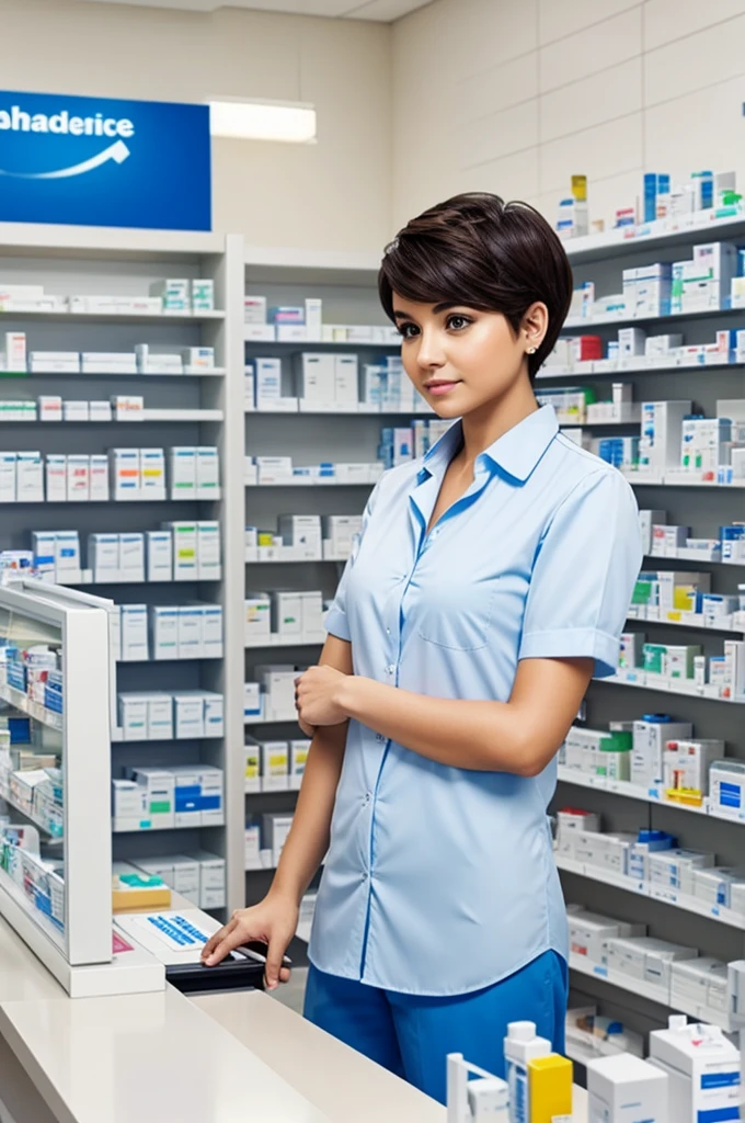 Create a pharmacist with medium short hair wearing a white blue shirt standing at the pharmacy counter