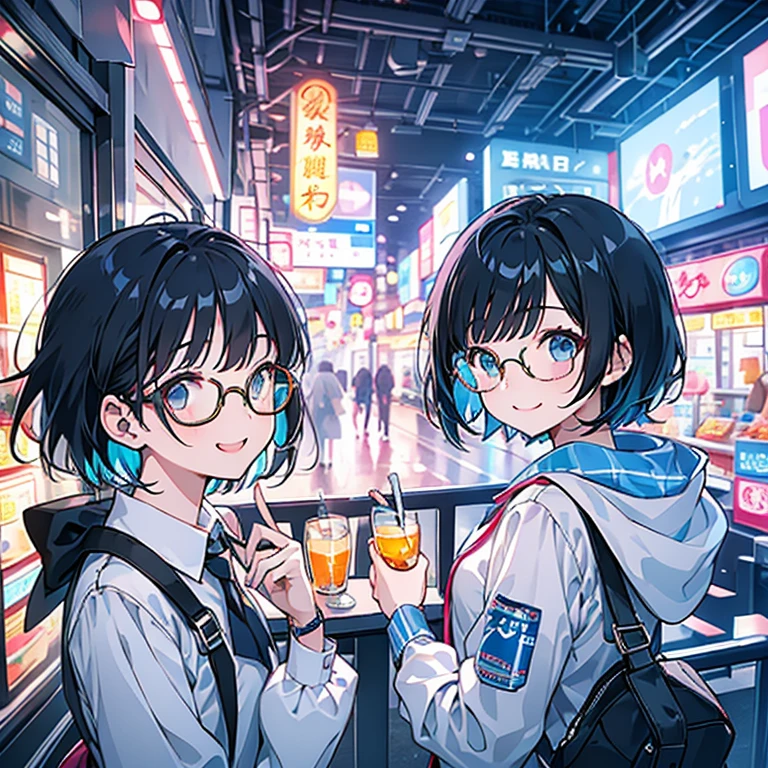 Highest quality、masterpiece、girl、Neon Town、Round glasses、Black Hair、short hair、Jump、smile