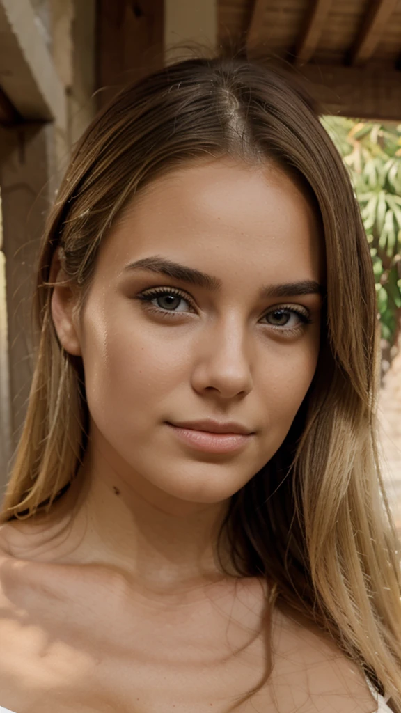Create an ultra-realistic image, in the highest resolution possible, of a beautiful 20-year-old girl with blonde hair. The image must have extremely sharp skin details, making it look like a real photograph. The eyes should be perfect, with a natural shine; eyelashes detailed and well-defined; eyebrows symmetrical and well-shaped; lips perfectly shaped and of a natural tone; and a nose proportional and without imperfections. The facial features should be well-marked and defined.