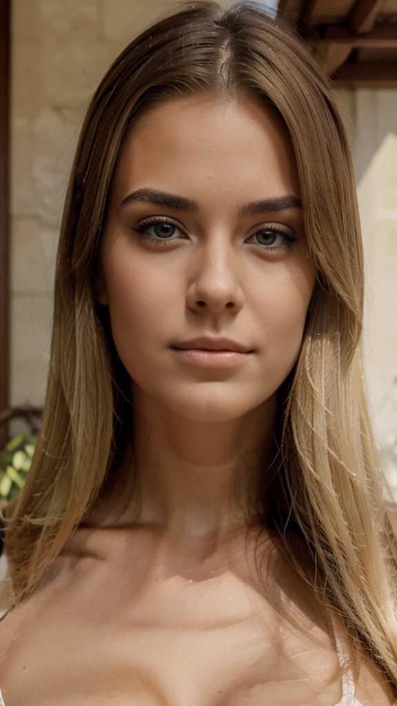 Create an ultra-realistic image, in the highest resolution possible, of a beautiful 20-year-old girl with blonde hair. The image must have extremely sharp skin details, making it look like a real photograph. The eyes should be perfect, with a natural shine; eyelashes detailed and well-defined; eyebrows symmetrical and well-shaped; lips perfectly shaped and of a natural tone; and a nose proportional and without imperfections. The facial features should be well-marked and defined.