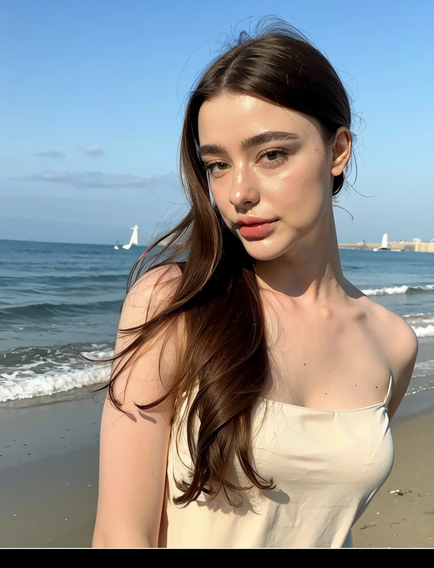 1girl, Dasha, upper_body, ocean, beach, solo, horizon, day, outdoors, long_hair, sky, water, shore, blue_sky, looking_at_viewer, lips, sand, photo_\(medium\), brown_eyes, realistic, upper_body