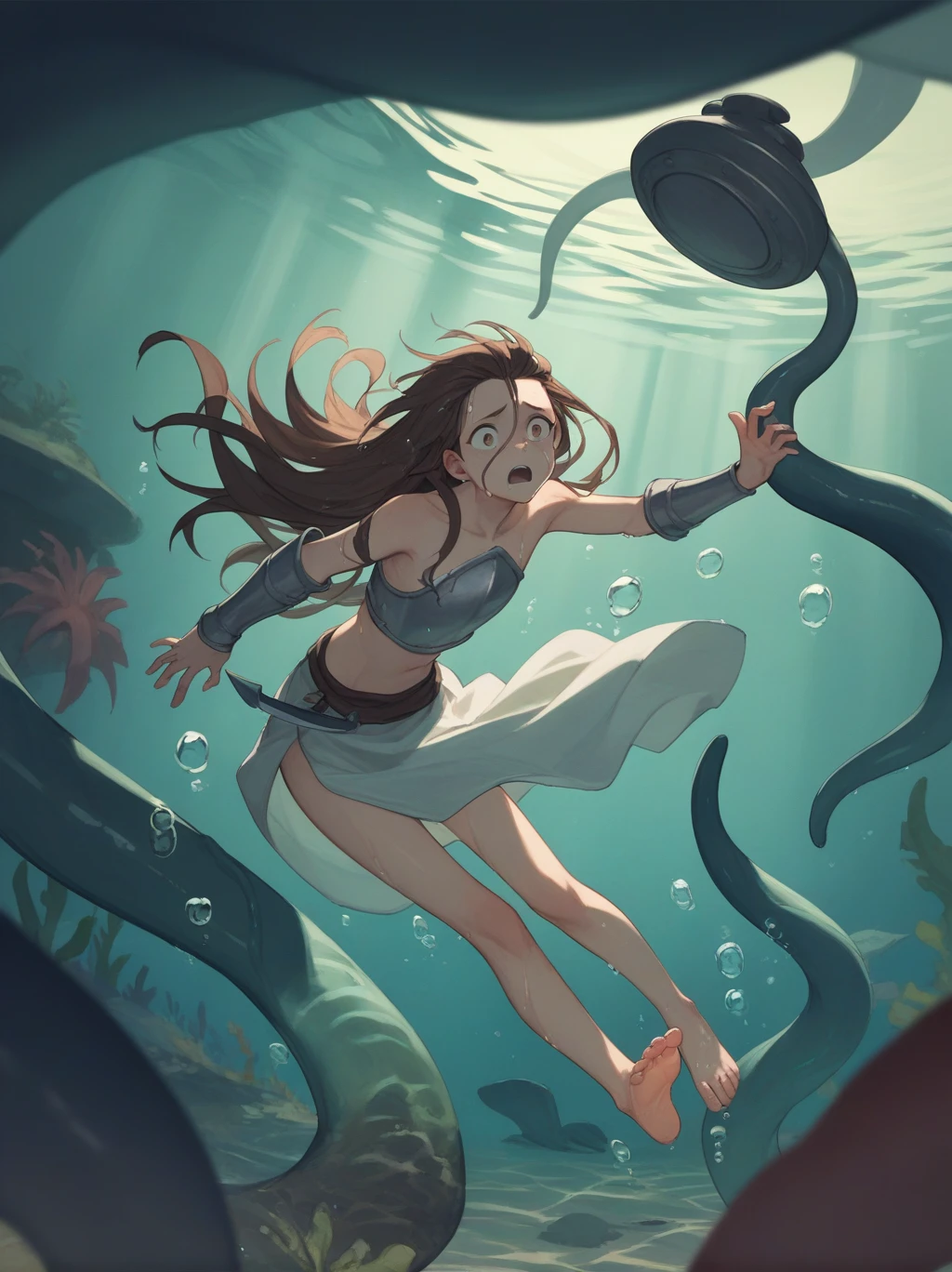 partially underwater,最high quality,high quality, , Long Hair, Brown Hair, Wet Hair, Flat Chest,Dark Underground Labyrinth,No light,Cloth armor,Equipped with a dagger and a shield,Face above water,Corpses in the water, Underwater Photography,The lobe rolls up due to buoyancy.,Painful face、My feet are being pulled by tentacles、Being dragged into the water、Go Wild