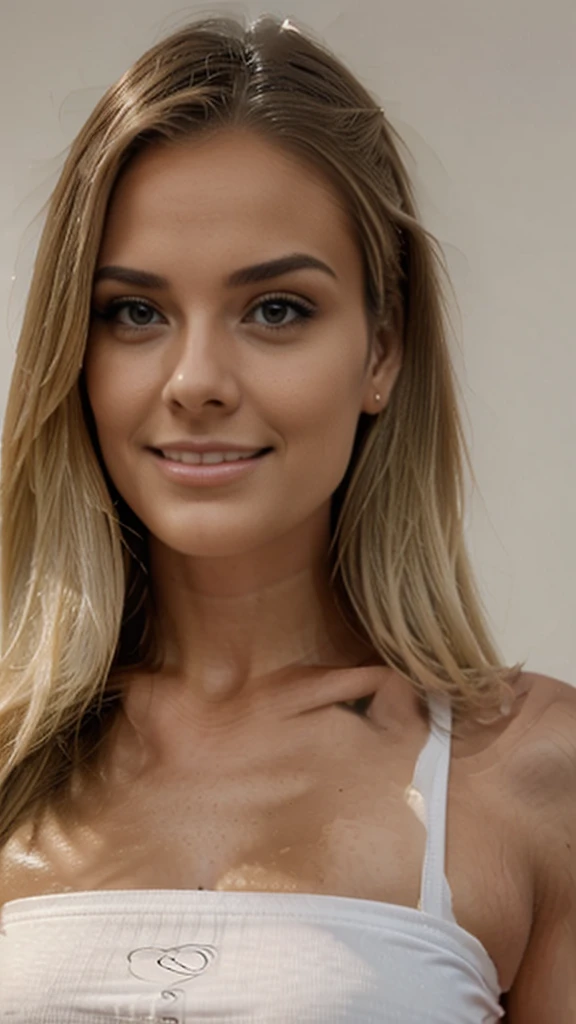 Uma mulher jovem, de cabelos longos e pretos, lisos e brilhantes, (((corpo de calcinha branca transparente inteiro))). Ela tem olhos castanhos, grandes e expressivos. His face is angelic, with fair skin and delicate features. She's wearing a long, vestido florido, que destaca sua figura esbelta. She's smiling and looking directly into the camera, with a friendly and inviting look.