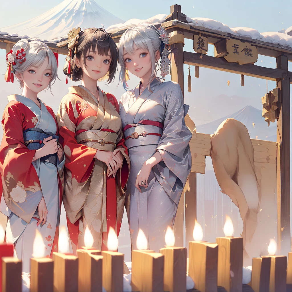 Three Japanese high-school cute girls, ((looking straight:1.7)),
((Kimono with strikingly beautiful colorful colors, red, silver, gold:1.7)),
((white short scarf:1.2)), ((white feather shawl:1.2)),
((gently smiling:1.7)),
((upper arms hidden by clothes and hair:1.5)),
(innocent and pure high-school-girls:1.7)
(separately side by side:1.5),
shrine background, (mount Fuji:1.3), ((snow))
winter(season), (outdoors:1.5)