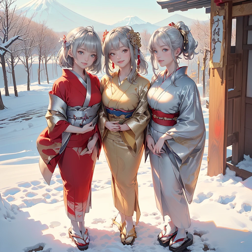 Three Japanese high-school cute girls, ((looking straight:1.7)), 



((Kimono with strikingly beautiful colorful colors, red, silver, gold:1.7)),

((white short scarf:1.2)), ((white feather shawl:1.2)), 



((gently smiling:1.7)), 

((upper arms hidden by clothes and hair:1.5)),

(innocent and pure high-school-girls:1.7)



(separately side by side:1.5), 

shrine background, (mount Fuji:1.3), ((snow))

winter(season), (outdoors:1.5)