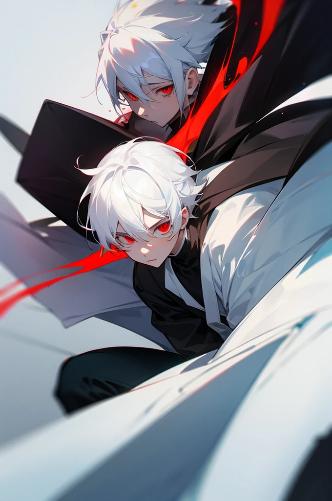 A white-haired anime character with a slightly messy medium-length hairstyle, wearing a black blindfold over his eyes. He is dressed in an open black jacket with red accents, similar to the style seen in Jujutsu Kaisen. Underneath, he wears a dark gray shirt and fitted black pants. The character has a silver chain necklace and black fingerless gloves. He stands in a slightly forward-leaning combat stance, with one hand raised showing the glove and the other holding the edge of his open jacket. The background is a nighttime urban scene with a supernatural vibe