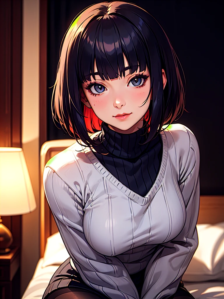 ((Portrait)), She has a Relaxed and Pretty Appearance, with Youthful Charm, Fair Skin and a Chubby Build. She Expresses a Warm and Kind Look, Giving Off a Friendly Attitude. She has Light Gray Eyes, and Her Hair is Short and Bob-Style, Jet Black, with a Blunt Bangs. She Wears a Large, Thigh-Length Dark Blue Woolen Sweater, with Long Sleeves and Turtleneck, and a Black Pantyhose. ((Portrait, HDR, Dark Background))