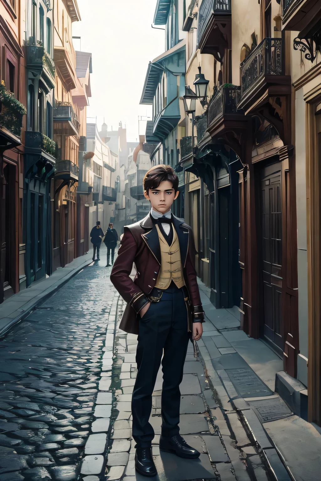 A fantasy character, boy, , standing in a street which shows the beautiful buildings of victorian era
