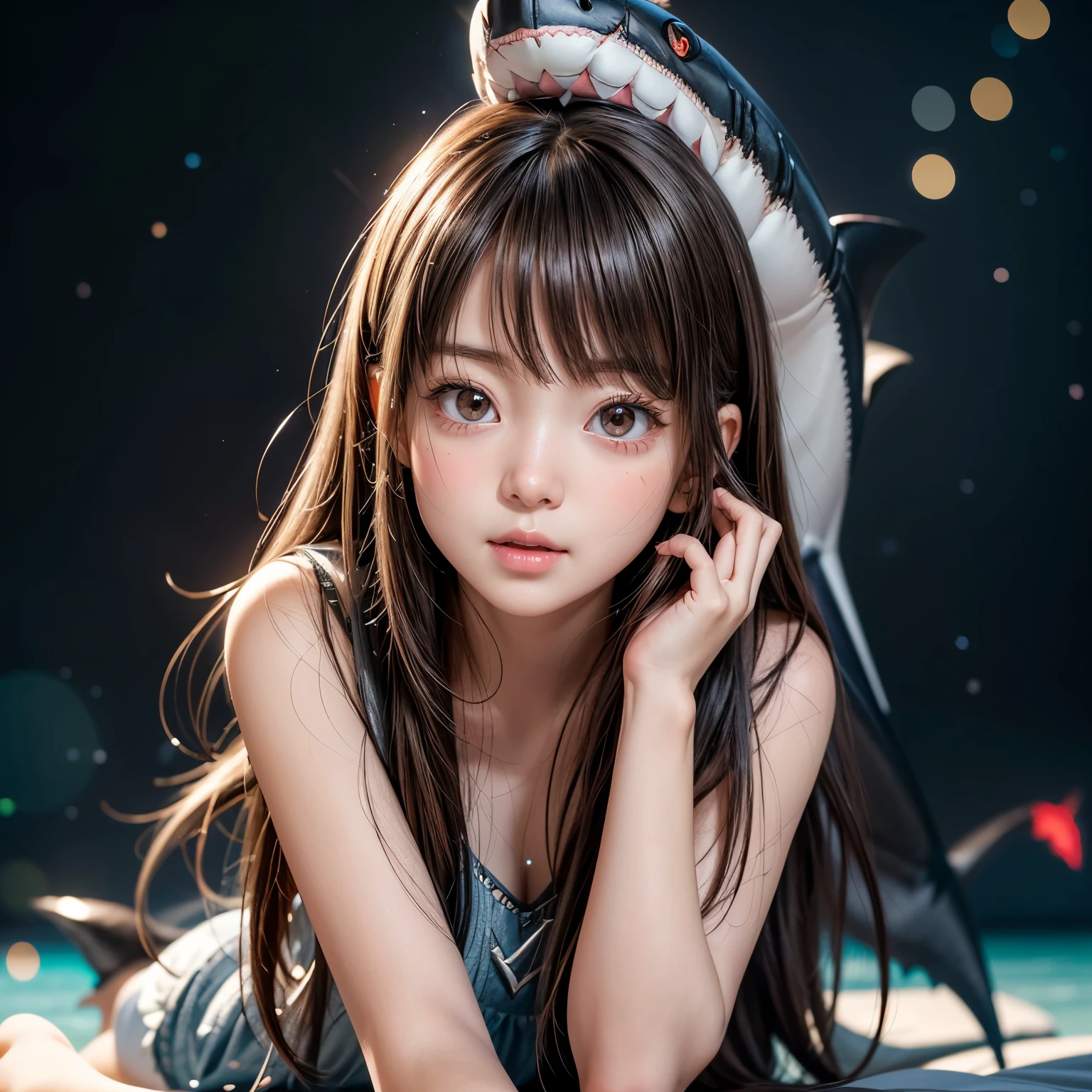 ((( stuffed full body Shark on Head))), 8k, High-level, absurd, masterpiece, best quality, primitive, very detailed CG, very detailed wallpaper, perfect lighting, Extremely detailed ((( personifying " Shark " as a ))), MysticSight, Tyndall effect, Tyndall scattering, (Studio gray background with (Overflowing oodles Dazzling RainbowColorParticles (BokeH))), (RoundlyButts, ThighGap), (Exposed:0.4), (Assfocus with looking ahead) BREAK  (Acutance:0.88), (NOGIZAKA face variations) Extremely Detailed very KAWAII face variations, perfect anatomy, Childish, CaptivatingGaze ElaboratePupils detailed Eyes with (sparkling highlights:1.28), (Voluminous LongEyelashes:0.88)、GlossyRED Lips with beautiful details, RosyCheeks, Radiant PearlSkin with Transparency . { (Dynamic LifeLike expressions:1.4) | (:d) }, (large eyes:-1) .