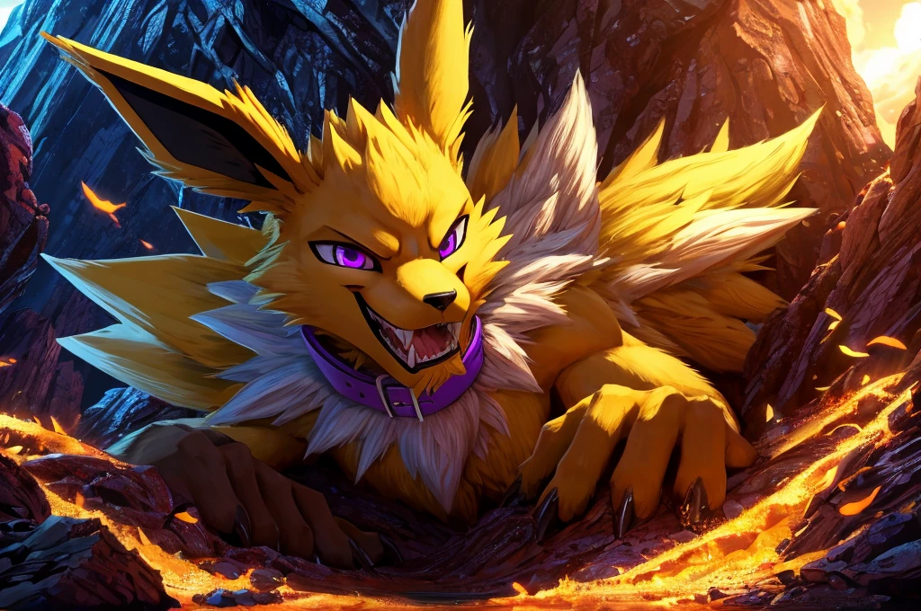 Macro Male Jolteon (pokemon) pred, smug expression, big teeth, high contrast, 8k HD, detailed, hyper-detailed, furry vore, primary fur yellow, secondary fur white, purple eyes, purple collar, best quality, ultra high res